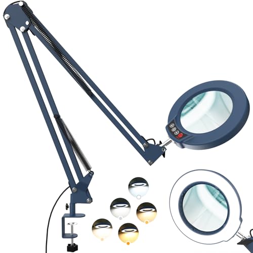 12X Large Magnifying Glass with Light and Clamp, Real Glass, 5 Color Modes, Stepless Dimmable, 2 x 16 Inch Adjustable Swing Arm Stand Desk Lamp, LED Lighted Magnifier Hands Free for Close Work - Blue - color: Blue, size: 12X 32inch Clamp