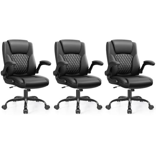 Leather Office Chair, PU Home Computer Desk Chairs with Ergonomic Back Support, 360°Swivel Free，Small Gaming Chair with Wheels and Adjustable Armrests, for Short People Use - color: Black, size: 3 Pack