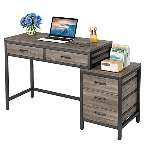 Little Tree 5 Drawers Computer Desk, Desk with Reversible File Drawer Cabinet for Home Office,Grey - color: Grey