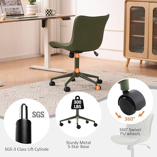 YOUTASTE Green Armless Office Chair, Modern Adjustable Swivel Desk Chair with Wheels, Upholstered PU Leather, Green Metal Legs, Back Support for Home Office, Study, Vanity, Bedroom - color: All Green
