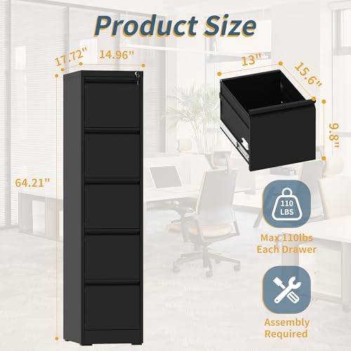 5 Drawer File Cabinet with Lock, Vertical Filing Cabinets for Home Office, Metal Storage Cabinets, Heavy Duty File Cabinet for Letter/Legal/A4/F4 Size Assembly Required, Black - color: Black, size: 5 Drawers-Letter/Legal/A4/F4