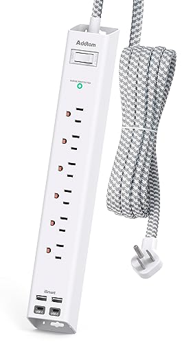 Power Strip Surge Protector with USB C - Flat Plug Extension Cord - color: White & Grey, size: 5 FT