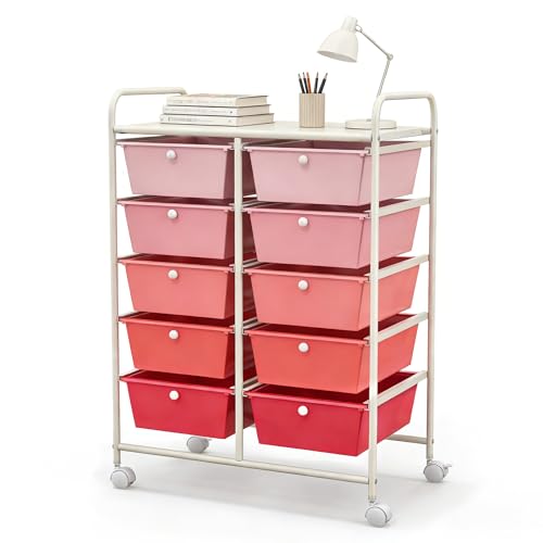 COSTWAY 10 Drawer Rolling Storage Cart, Utility Cart with Lockable Wheels | Mobile Art Supply Craft Organizer with Metal Frame, Multipurpose Drawer Cart for Paper for Office, School, Mixed Pink - color: Mixed Pink, size: 10 Drawer