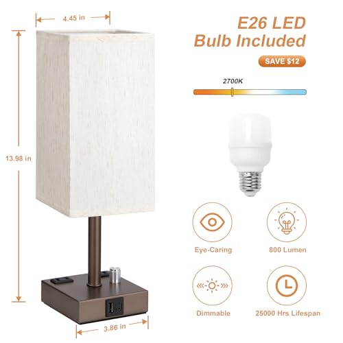 Brown Bedside Table Lamps Set of 2 - Dimmable, USB C+A, 2 AC Outlets | Stepless Dimmable by Rotary Knob, 3000K LED Bulbs Included, Square Cream Linen Shade, Nightstand Lamp for Living Room, Desk - color: Brown