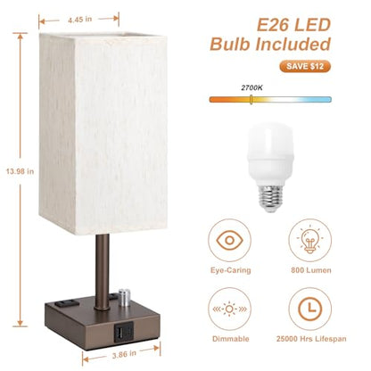 Brown Bedside Table Lamps Set of 2 - Dimmable, USB C+A, 2 AC Outlets | Stepless Dimmable by Rotary Knob, 3000K LED Bulbs Included, Square Cream Linen Shade, Nightstand Lamp for Living Room, Desk - color: Brown