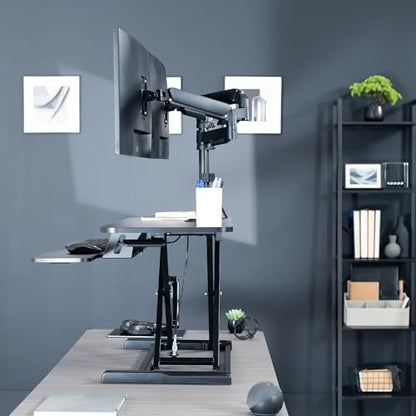 VIVO Black 42 inch Desk Riser with Monitor Mount, DESK-KIT-042K2K | Standing Desk Converter with Dual Monitor Mount for up to 32 inch Screens, Height Adjustable Riser, Mechanical Spring Arms - size: 42"