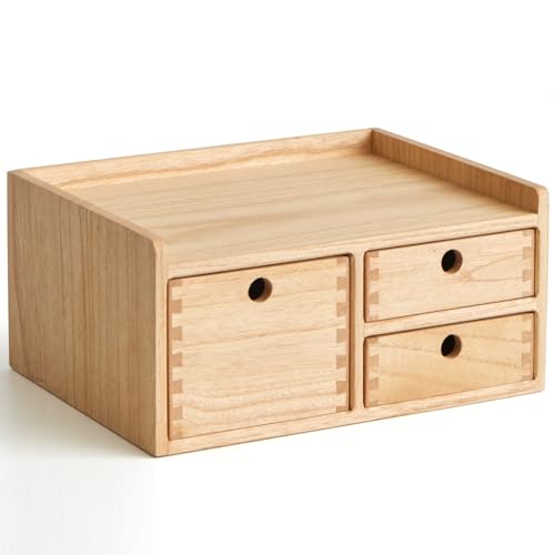 KIRIGEN Wooden Desk Organizer with 3 Drawers and Top Tray Natural DT1D3C-NA | 3-Drawer Cabinet with Top Tray Stores Office Supplies, Toiletries, Tools, Crafts, and Small Accessories on Desks or Counters - color: Natural, size: 1 layer-3 drawers