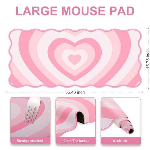 L-SPOUTTO Pink Mouse Pad,Cute Desk Mat XXL Large Scalloped Gaming Mousepad,35.4x15.7in Non-Slip Rubber Base Keyboard Pad Waterproof Desktop Mat for Laptop Computer Work Game Home Office-Pink Heart - color: Pink Heart