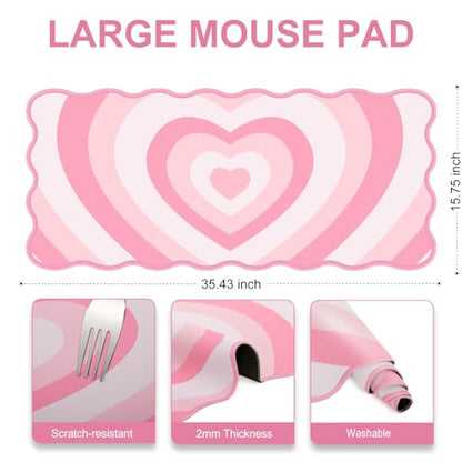 L-SPOUTTO Pink Mouse Pad,Cute Desk Mat XXL Large Scalloped Gaming Mousepad,35.4x15.7in Non-Slip Rubber Base Keyboard Pad Waterproof Desktop Mat for Laptop Computer Work Game Home Office-Pink Heart - color: Pink Heart