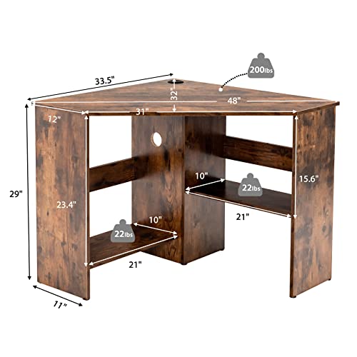 Tangkula Compact Corner Desk, Space Saving Study Table, Brown - color: Rustic Brown, size: 33.5"D x 33.5"W x 29"H