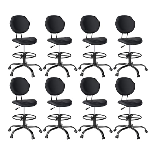 Drafting Chair with Back Support, Tall Desk Rolling Stool (Black, Set of 8) | Armless High Faux Leather Office Chair with Footrest Ring, Height Adjustable, Suitable for Standing Desk, Workbench, Studios - size: 8PK