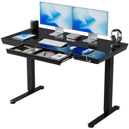 BANTI Electric Standing Desk with Drawers, 48 inch Whole-Piece Glass Desktop, Height Adjustable Stand up Sit Stand Home Office Ergonomic Workstation, Black Tabletop - color: Black, size: 48 inch