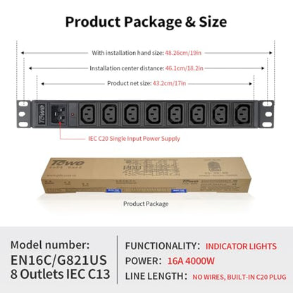 Power Strip, 8 Outlets IEC C13 Metal PDU Power Strip,Built-in C20 Outlet Extender Heavy Duty, 16A 250V 4000W Server Rack PDU/Data Center Power