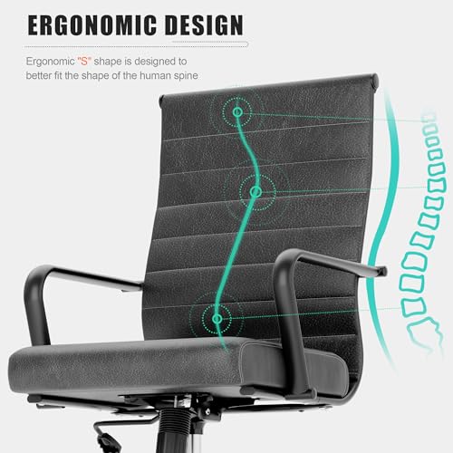 Okeysen Genuine Leather Office Chair, Mid-Century Modern Real Leather Conference Room Chairs, Ergonomic Executive Ribbed Height Adjustable Swivel Rolling Desk Chair for Home Office. - color: Grey With Genuine Leather