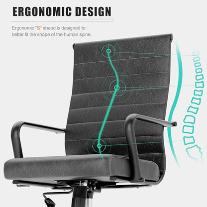 Okeysen Genuine Leather Office Chair, Mid-Century Modern Real Leather Conference Room Chairs, Ergonomic Executive Ribbed Height Adjustable Swivel Rolling Desk Chair for Home Office. - color: Grey With Genuine Leather