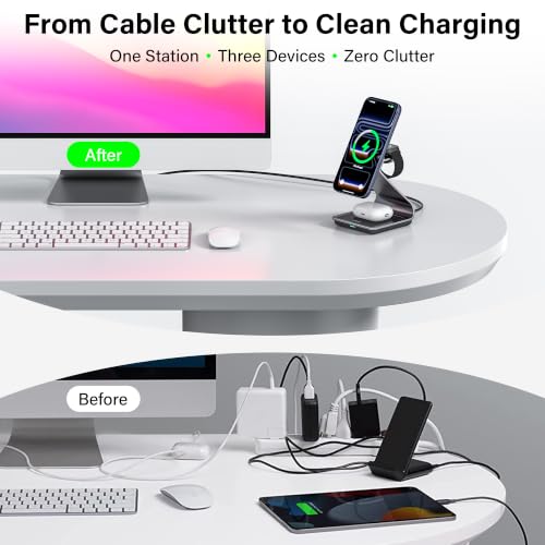 3-in-1 Wireless Charging Station for iPhone 17/16/15/14/13/12 Series, Apple Watch & AirPods, Aluminum Magnetic Charger Stand, MagSafe Compatible Fast Charging Dock for Multiple Devices