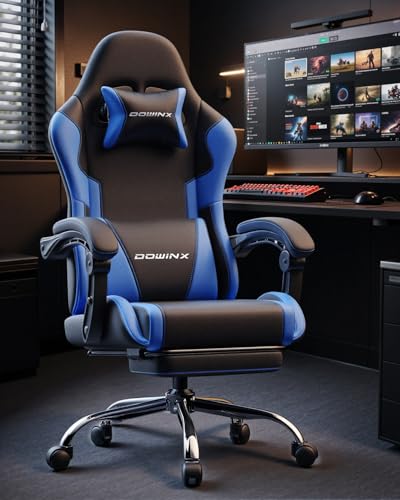 Dowinx Ergonomic Gaming Chair with Footrest & Massage Lumbar, 2D-Linkage Armrests for Computer Chair 330lbs with Headrest Pillow for Office, Home, Streaming and Long Gaming Sessions, Blue - color: Blue