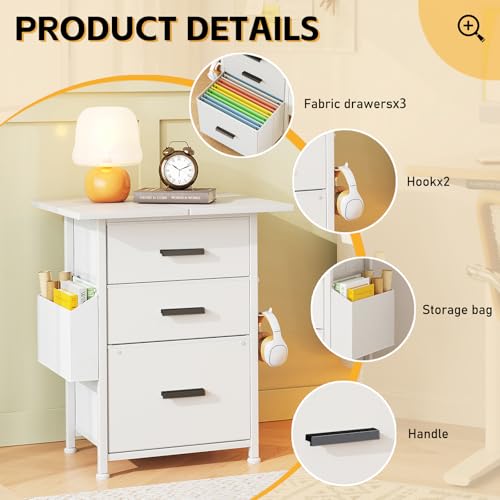 Mexin 3 Drawer File Cabinet with 22'' Extended Desktop, Mobile Filing Cabinet, Printer Stand, Rolling Printer Stand with Side Bag, Fabric Drawer, Fits A4 Size, Home Office, White - color: White