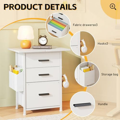 Mexin 3 Drawer File Cabinet with 22'' Extended Desktop, Mobile Filing Cabinet, Printer Stand, Rolling Printer Stand with Side Bag, Fabric Drawer, Fits A4 Size, Home Office, White - color: White