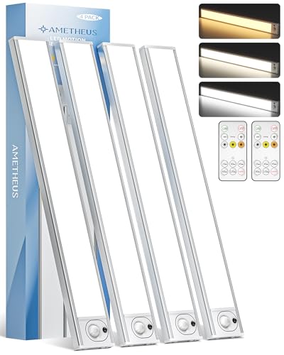 4Pack 16inch Under Cabinet Lighting, Rechargeable Motion Sensor Light Wireless Indoor, Dimmable 3 Color Temps Closet Lights, Under Counter LED Lights for Kitchen, Stairs - size: 16inch