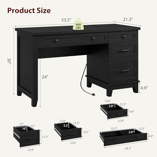 53.5" Farmhouse Home Office Desk with File Cabinet, Wooden Executive Desk with Power Outlet, Work Desk with Drawers, Traditional Wood Desk for Home and Office, Black - color: Black