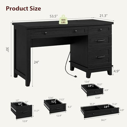53.5" Farmhouse Home Office Desk with File Cabinet, Wooden Executive Desk with Power Outlet, Work Desk with Drawers, Traditional Wood Desk for Home and Office, Black - color: Black