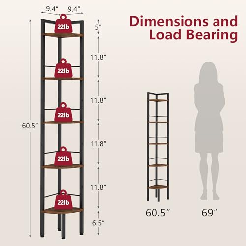 Tajsoon Corner Shelf Stand 5 Tier 60.5" with Metal Frame, Rustic Brown - color: Rustic Brown, size: 5 Tier