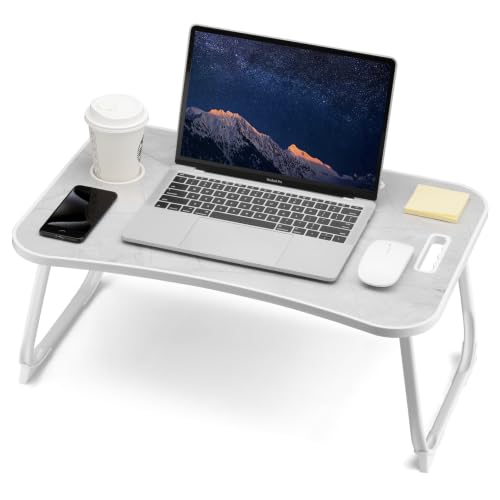 ZEAPTAC Foldable Lap Desk, Bed Desk, Bed Table & Laptop Stand w/Cup Holder - color: White Marble