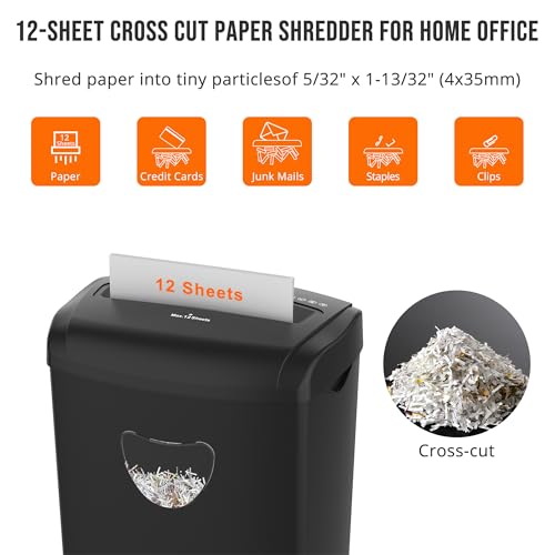 Suntiko 12 Sheet Home Office Cross Cut Shredder Black | P-4 Security Level, Jam-Proof System, 6.6Gal Bin, Shredder for Paper/Credit/Card/Mail，ETL Certified