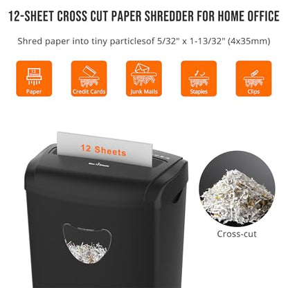 Suntiko 12 Sheet Home Office Cross Cut Shredder Black | P-4 Security Level, Jam-Proof System, 6.6Gal Bin, Shredder for Paper/Credit/Card/Mail，ETL Certified