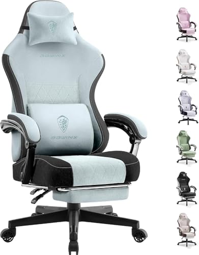 Dowinx Gaming Chair Fabric with Pocket Spring Cushion, High Back Ergonomic Computer Chair with Footrest for Adults, Massage Lumbar Support Swivel Game Chair for Office Gaming 300LBS, Cyan - color: Cyan