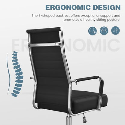 JOMEED Office Desk Chair,Conference Room Chair,High Back PU Leather Swivel | Modern Executive Ribbed Design, Ergonomic, Height Adjustable, Wheels and Arms, for Home Office(Black-Silver Frame) - color: Black-sliver Frame