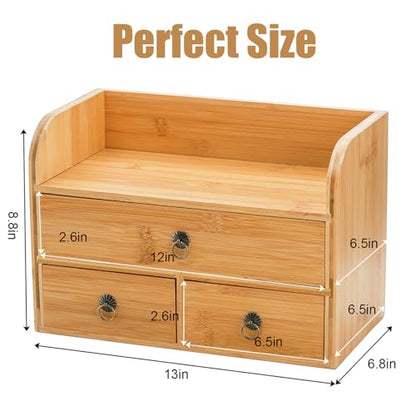 Nicunom Bamboo Desk Organizer, 3-Tier Bamboo Tabletop Storage Organization Multifunctional Desktop Organizer with Drawers for Home Office Toiletries Supplies Vanity