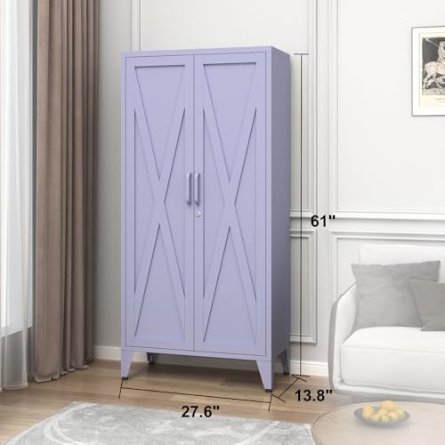 Purple Metal Pantry Cabinet with Lock,Freestanding Steel Storage Locker with 3 Adjustable Shelves,Heavy Duty Metal Storage Cabinet for Kitchen, Living Room,Laundry,Garage 61" H X 27.6" W X 13.8" D - color: Purple, style: 61"H-Cabinet-DX