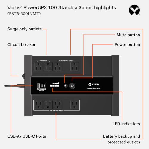 Vertiv Liebert PowerUPS 100 PST6-900LVMT Battery Backup UPS 900VA USB-C+A - size: 900va/550w