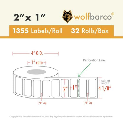 (27,100 labels/20 Rolls) 2“ x 1" Direct Thermal Paper Label White, with perf, 1" core, 4" OD, 1355 Labels per roll - size: 2" x 1", style: 20 Rolls