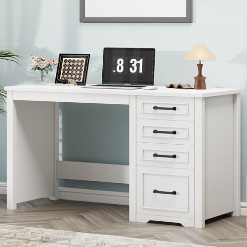 Vabches Farmhouse 49” Executive Desk with File Drawer, Cream White | 4 Drawers Reversible Computer Desk with Storage, Rustic Home Writing Workstation for Home Office - color: 49in Cream White