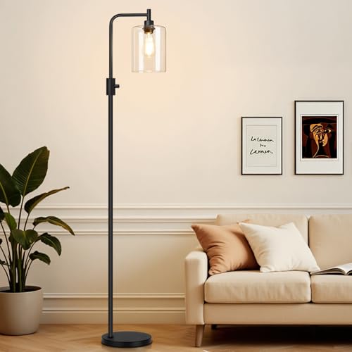 【Upgraded】 Dimmable Floor Lamp for Living Room with Clear Glass Lampshade, Black Modern Glass Floor Lamp with 900LM LED Bulb Included, Arc Standing Tall Lamp for Bedroom, Office, Reading Room, Corner - color: Clear Glass-Matte Black
