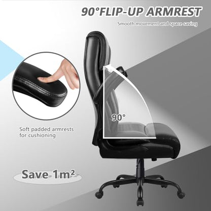 OFIKA Executive Office Chair Heavy Duty Office Chair Padded Flip Up Armrest, Computer Gaming Chair PU Leather Desk Chair, High Back Big and Tall Office Chair with Lumbar Support (Black) - color: Flip Up Armrest-black