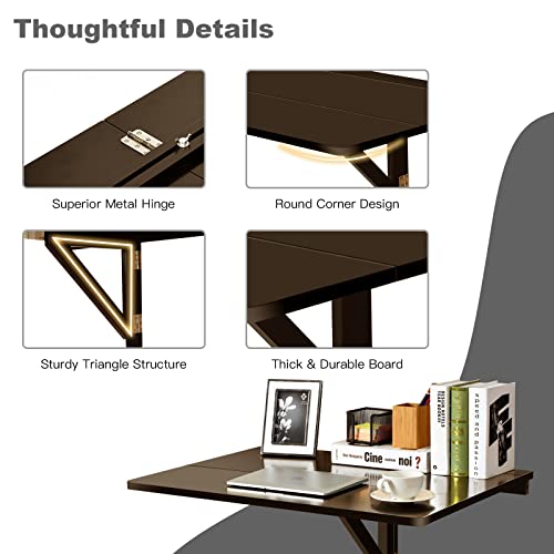 COSTWAY Wall Mounted Folding Table, 31.5" x 23.5" Drop-Leaf Floating Writing Desk for Small Spaces, Space-Saving Fold Down Laptop Workstation for Kitchen, Bedroom, Laundry Room, Study Room (Brown) - color: Brown