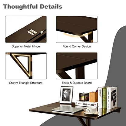 COSTWAY Wall Mounted Folding Table, 31.5" x 23.5" Drop-Leaf Floating Writing Desk for Small Spaces, Space-Saving Fold Down Laptop Workstation for Kitchen, Bedroom, Laundry Room, Study Room (Brown) - color: Brown