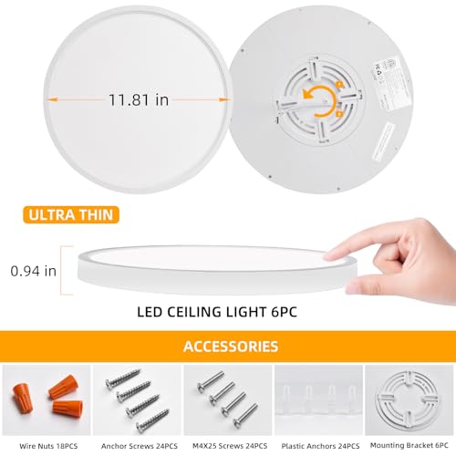 Hlite 12 inch Flush Mount LED Ceiling Light Fixture,2400LM,3CCT,6Pack | 24W Super Slim Light Fixtures Ceiling Mount 3000K/4000K/5000K Selectable,Light Fixtures for Kitchen,Bedroom,White - color: White, size: 12 inch-6