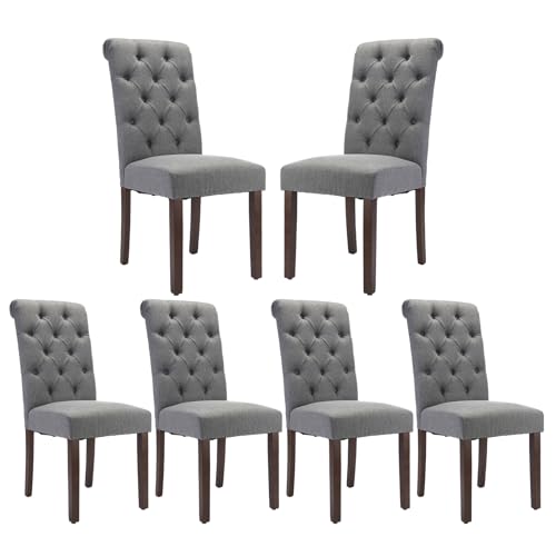 COLAMY Button Tufted Dining Chairs Set of 6, Accent Parsons Diner Upholstered Fabric Dining Room Stylish Kitchen Chairs with Solid Wood Legs and Padded Seat, Dark Grey - color: Dark Grey, size: set of 6