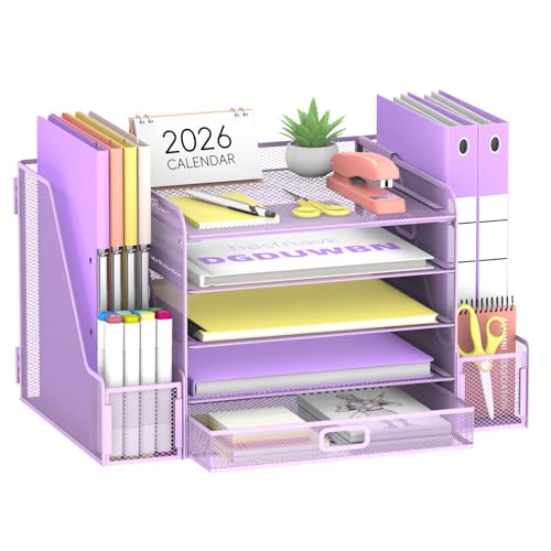 SUPEASY Mesh Desk Organizer with File Holder, 5-Tier Paper Letter Tray Organizer with Magazine Holder, Desktop Organizer and Storage with Drawer for Office Supplies Home or School (Purple) | Two side magazine holders and a bottom drawer store papers, fold
