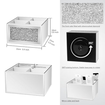 360 Rotating TV Remote Control Holder Caddy Storage for Table, Silver Bling Crushed Diamond Organizer for Pens and Pencils, Make Up Brushes