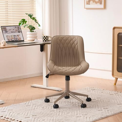 YOUNIKE Faux Leather Office Desk Chair Comfy Vanity Chair Armless Khaki | Ergonomic Upholstered Rocking Back, Swivel with Wheels, Height Adjustable, Modern Task Chair For Computer Sewing Drafting - color: All Khaki