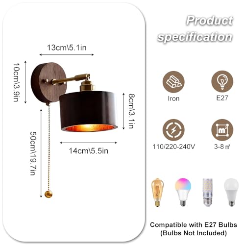 Wood Wall Sconce with Pull Chain Adjustable Swing Arm Natural Or Walnut Wood Cylinder Shade Brass Accent Wall Lamp for Bedroom Living Room Hallway Reading Nook(Walnut) - color: Walnut