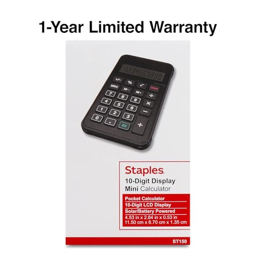 Staples 10-Digit Battery & Solar Basic Pocket Calculator, Black - size: 1 Pack, style: 10-Digit