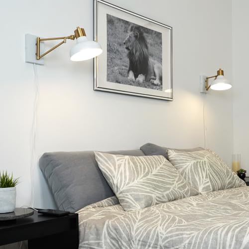 Globe Electric 51344 1-Light Plug-in or Hardwire Swing Arm Wall Sconce, White, Brass Accents, White-Cloth Cord, Mounted Bedside Lamp, Kitchen Sconces Wall-Lighting, Bulb Not Included - size: 5.75"