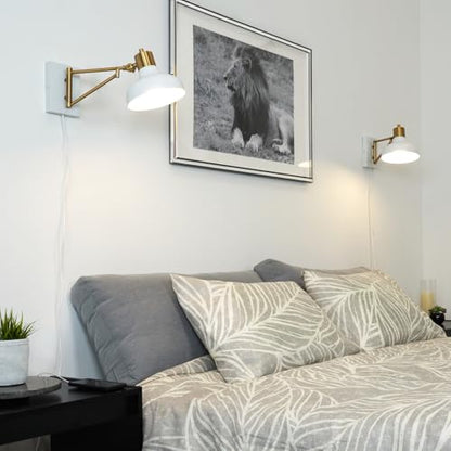 Globe Electric 51344 1-Light Plug-in or Hardwire Swing Arm Wall Sconce, White, Brass Accents, White-Cloth Cord, Mounted Bedside Lamp, Kitchen Sconces Wall-Lighting, Bulb Not Included - size: 5.75"